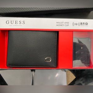 Men’s black leather Guess wallet & money clip set